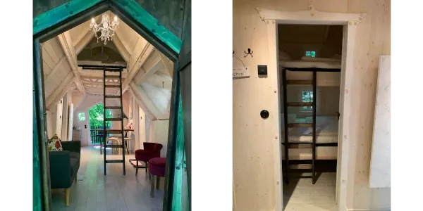 Ein Blick in das Haus durch die Eingangstüre, und ein Blick in das Zimmer mit Etagenbett